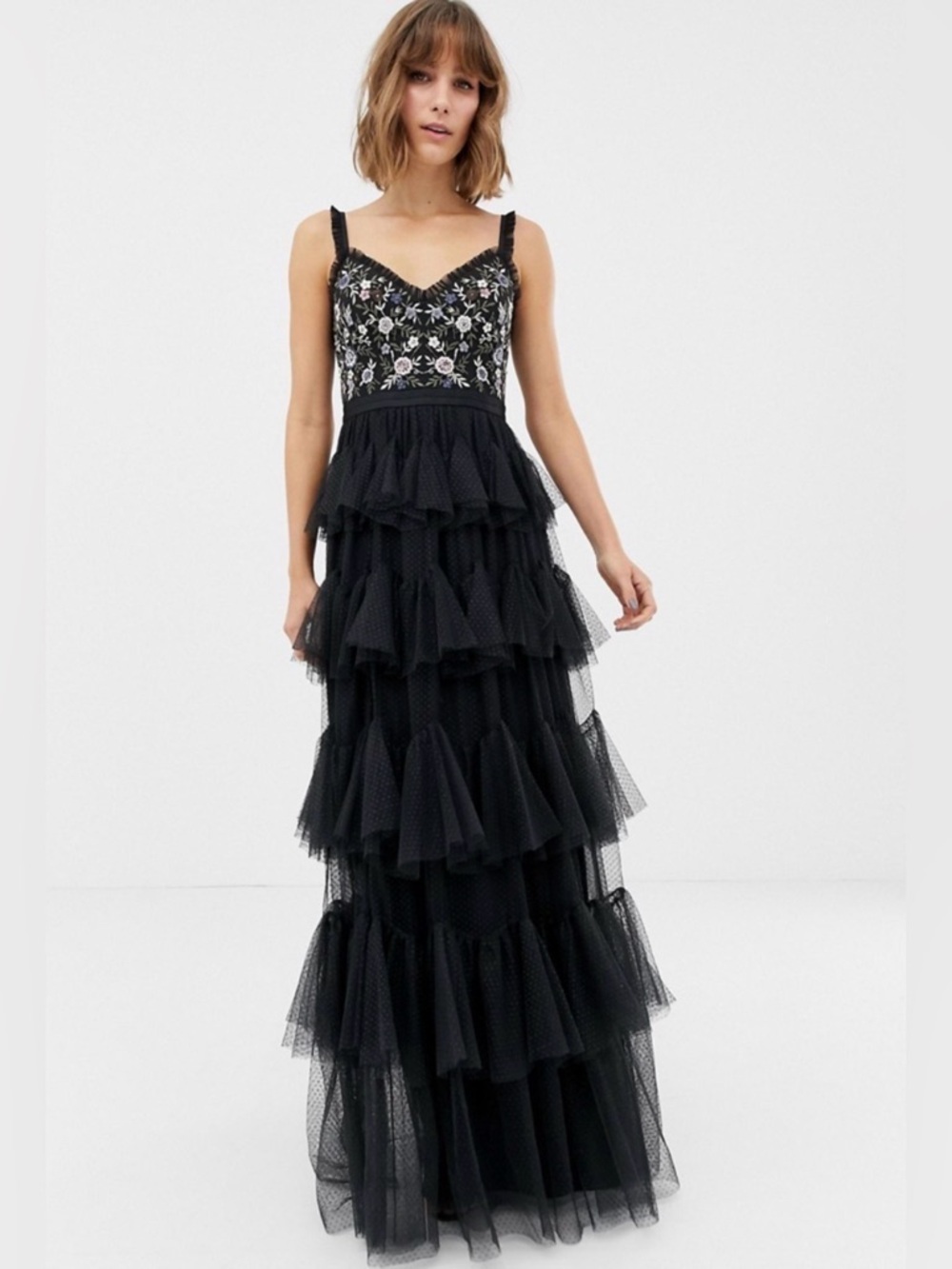 Needle & Thread Black Embroidered Tiered Tulle Maxi Dress Size 8 Gothic Romance